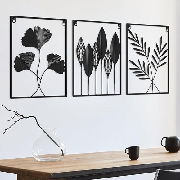 New 3pcs Black Wall Decor Metal Wall Art Modern Minimalist Metal Leaf Wall Decor - Picture 8 of 8